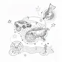 A tattoo of a cosmic map featuring constellations shaped like sports cars, books, and music notes, symbolizing your diverse interests and passions tattoo design idea
