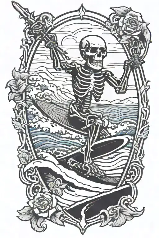 skeleton surfing grateful dead within keyhole shape in the style of brophy tattoo design idea