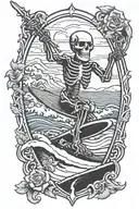 skeleton surfing grateful dead within keyhole shape in the style of brophy tattoo design idea