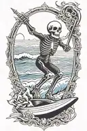 skeleton surfing grateful dead within keyhole shape in the style of brophy tattoo design idea