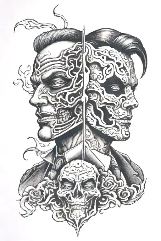 two face mask split in half tattoo design idea