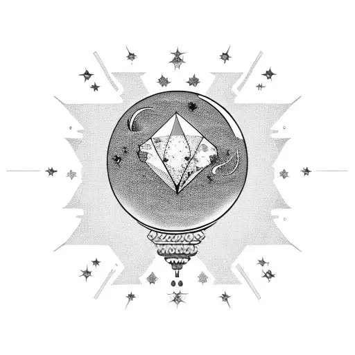 A VITAGE BIRD wrapped around a crystal ball with stars in the background tattoo design idea