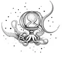 A mystical squid wrapped around a crystal ball with stars in the background tattoo design idea