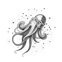 A mystical squid wrapped around a crystal ball with stars in the background tattoo design idea