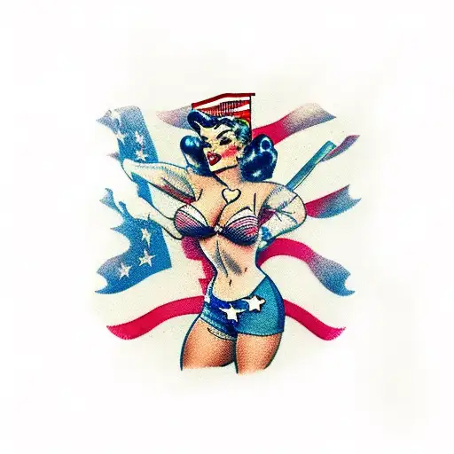 pinup girl with American flag and claymore mine tattoo design idea