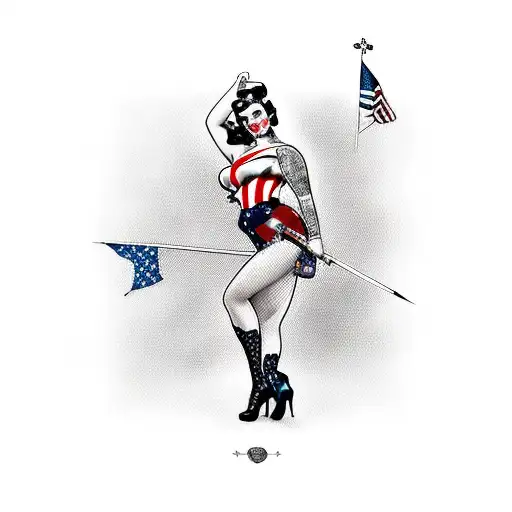 pinup girl with American flag and claymore mine tattoo design idea