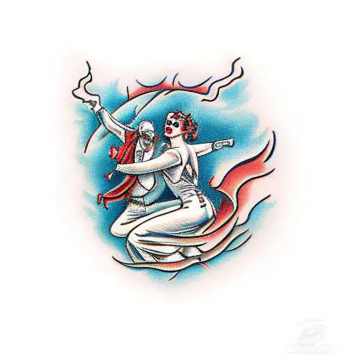 woman and devil dancing together tattoo design idea