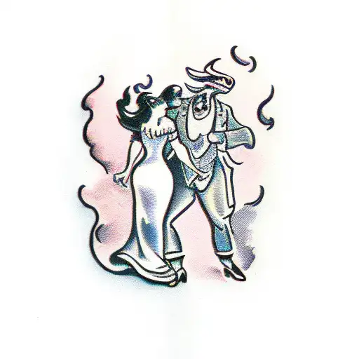woman and devil dancing together tattoo design idea