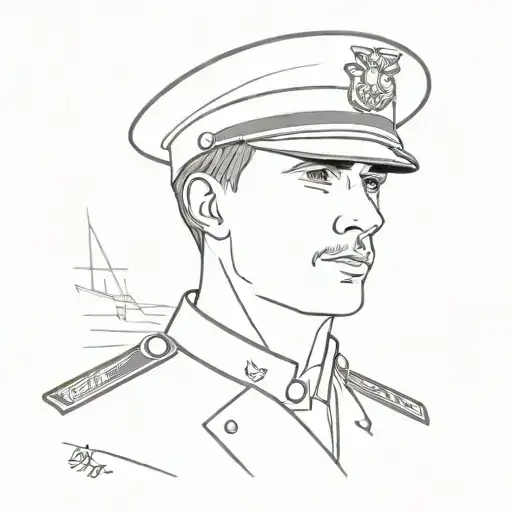 A young captain with a clean-shaven face of a long-distance voyage in uniform and cap stands at the helm and looks at us. tattoo design idea