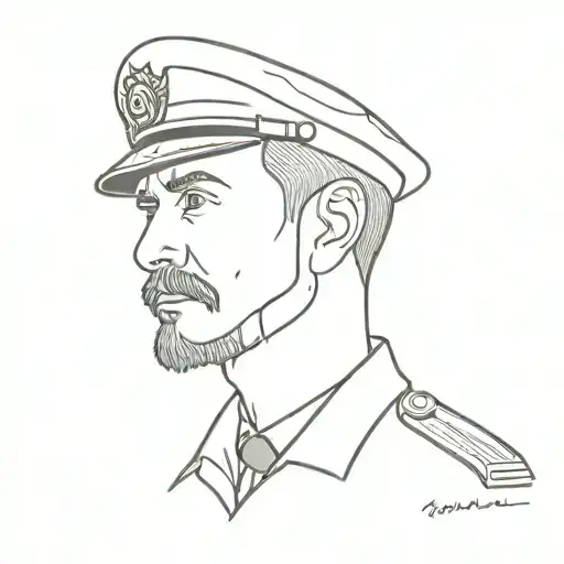 A young captain without a beard or mustache of a long-distance voyage in a uniform and cap stands at the helm and looks at us. tattoo design idea