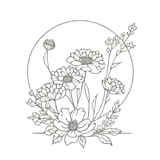 Geometric design incorporating lines, dots, and circles to create a garden scene with marigold, daisy, chrysanthemum, and poppy flowers tattoo design idea