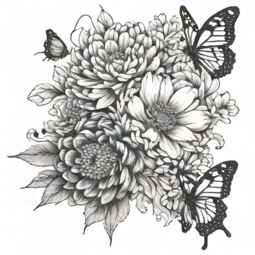 1 Marigold flower 1 daisy flower 1 Chrysanthemum flower 1 poppy flower  2 butterflies. Black and Grey tattoo design idea