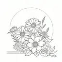 Geometric design incorporating lines, dots, and circles to create a garden scene with marigold, daisy, chrysanthemum, and poppy flowers tattoo design idea