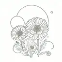 Geometric design incorporating lines, dots, and circles to create a garden scene with marigold, daisy, chrysanthemum, and poppy flowers tattoo design idea