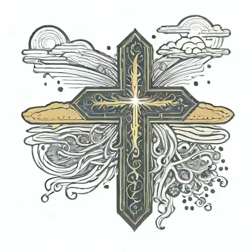 Obsian cross with gold inlay with sun behind and water fall flowing from cross into oasis tattoo design idea
