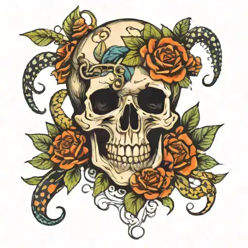 skull with snake through the mouth and flowers tattoo design idea