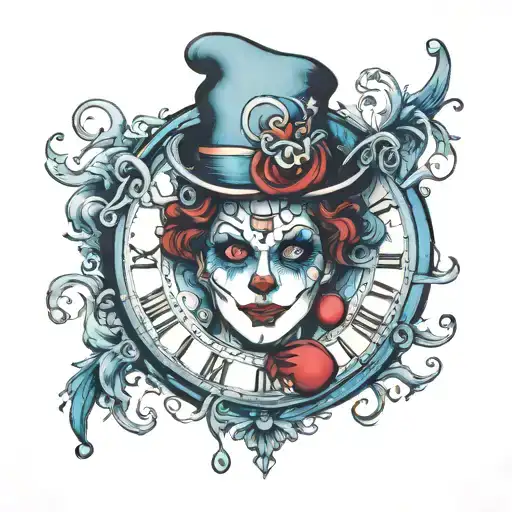 clown woman blue eyes time clock tattoo design idea
