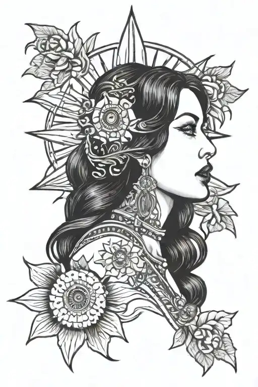 woman looking sideways with black hair and sunshine tattoo design idea