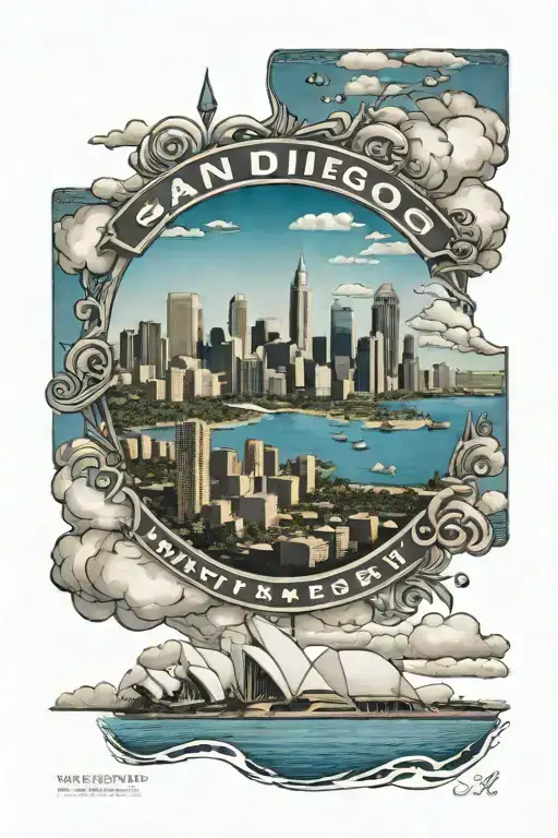 San Diego city skyline with interstate 5 sign incorporated and California flag in the clouds above the city tattoo design idea