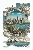 San Diego city skyline with interstate 5 sign incorporated and California flag in the clouds above the city tattoo design idea