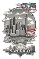 San Diego city skyline with interstate 5 sign incorporated and California flag in the clouds above the city tattoo design idea