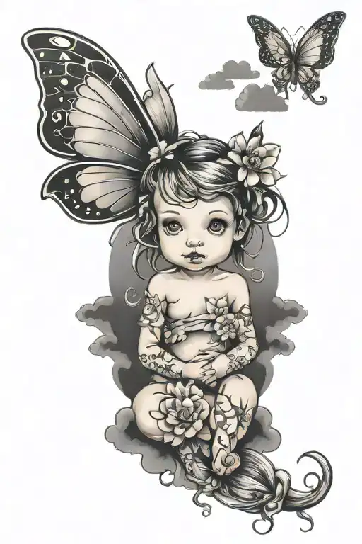 Baby girl fairy within a storm clouds tattoo design idea