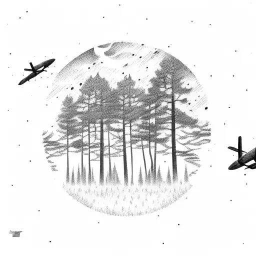 a forest with a deer silhouette, Texas flag and an aircraft flying above. with the name Bailey underneath it and the dat tattoo design idea