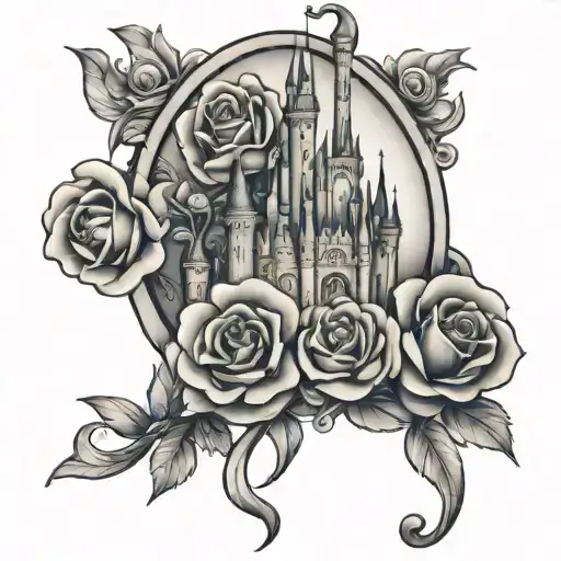 disney castle beauty and the beast rose mickey and miny tattoo design idea