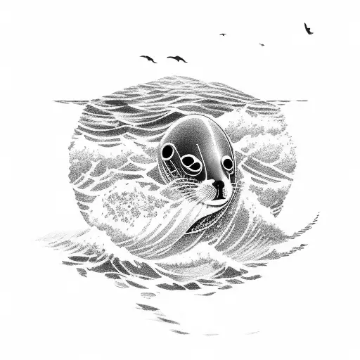 ocean scene with small seal in the distance with a train in the foreground  tattoo design idea