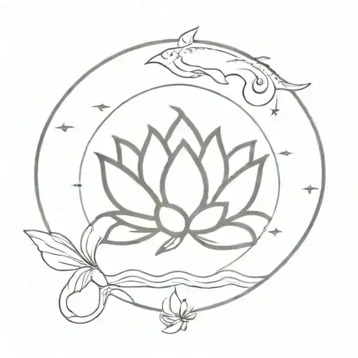 lotus, horn, cat, bird, sea, moon tattoo design idea