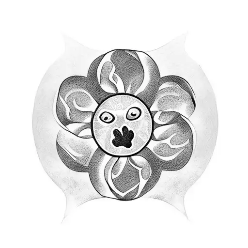 A blackwork tattoo of a dog paw print with a sun and the words 'Forever in my heart' as a tribute to beloved pets tattoo design idea