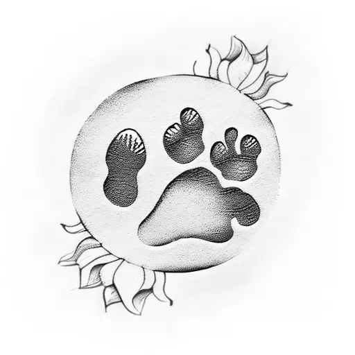 A blackwork tattoo of a dog paw print with a sun and the words 'Forever in my heart' as a tribute to beloved pets tattoo design idea
