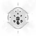 A blackwork tattoo of a dog paw print with a sun and the words 'Forever in my heart' as a tribute to beloved pets tattoo design idea