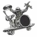 Skateboarder doing a kickflip over a drum set tattoo design idea