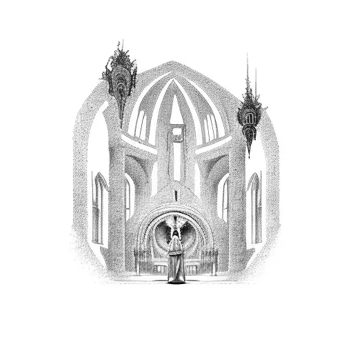 Cathedral ruins where Jesus is standing in the Altar facing while facing satan who is kneeling before jesus for surrende tattoo design idea