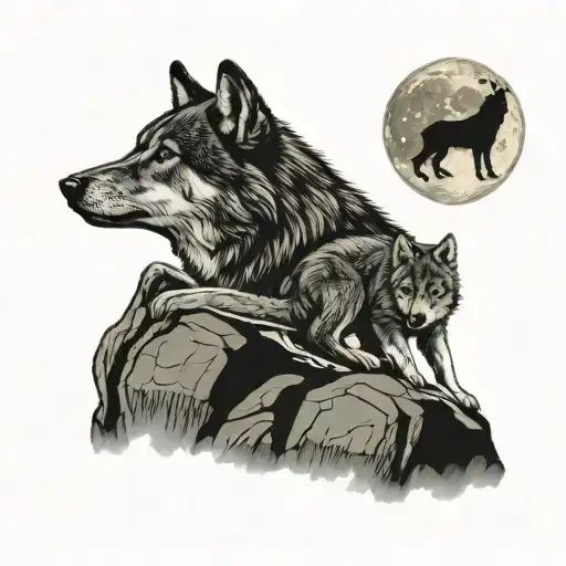 Silhouette of 2 wolves cubs (1 howling and 1 aggressive) on a rock with full moon as a background  tattoo design idea