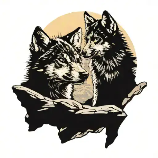 Silhouette of 2 wolves cubs (1 howling and 1 aggressive) on a rock with full moon as a background  tattoo design idea