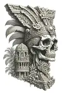 Aztec skull and temple surrounded tattoo design idea