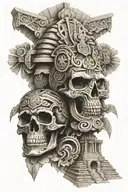 Aztec skull and temple surrounded tattoo design idea