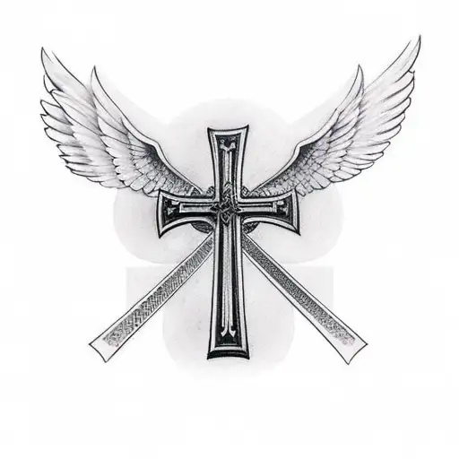 back spine tattoo of a cross with wing and a full greek scene below tattoo design idea