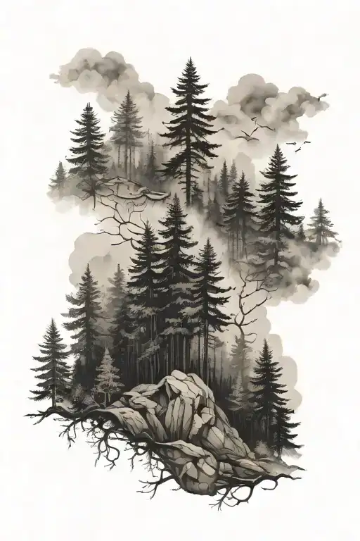 foggy forest landscape tattoo design idea