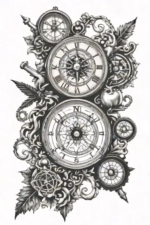 Skeleton Key + Compass + Clock tattoo design idea