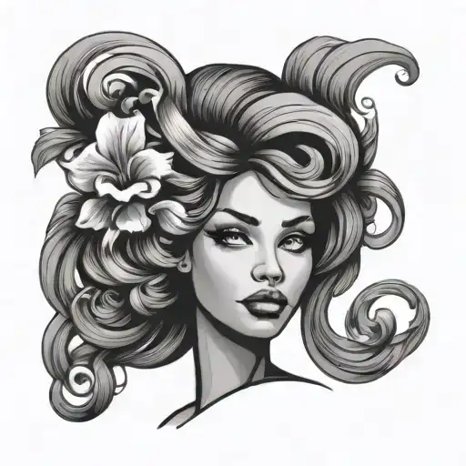 sexy lady head with flower in swirling hair  tattoo design idea