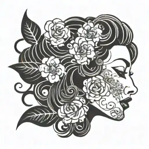 sexy lady head with flower in swirling hair  tattoo design idea