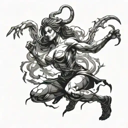 sexy woman fighting off shadow-like demons trying to pull her down to hell  tattoo design idea