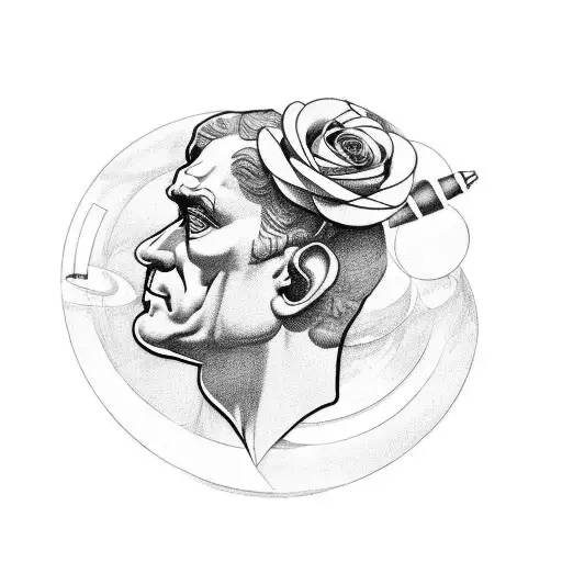 I want a horseshoe combined with a rose and a posed man as the thinker. and around it must be space with planets and sta tattoo design idea