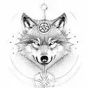 A wolf running through a Celtic compass made of tree branches tattoo design idea