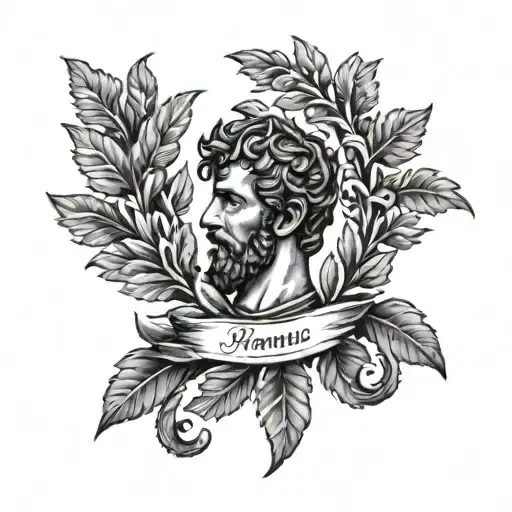 Incorporate a Roman laurel wreath and a quote from Marcus Aurelius in a black-grey tattoo design tattoo design idea