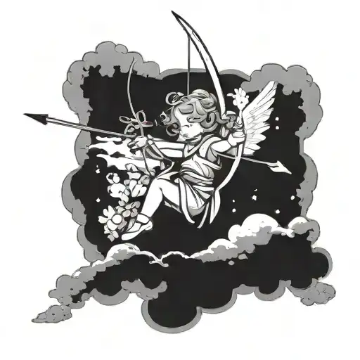 A small angel holding bow and arrow on a fluffy cloud background tattoo design idea