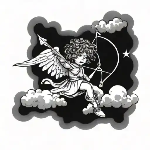 A small curly hair angel holding bow and arrow on a fluffy cloud background tattoo design idea